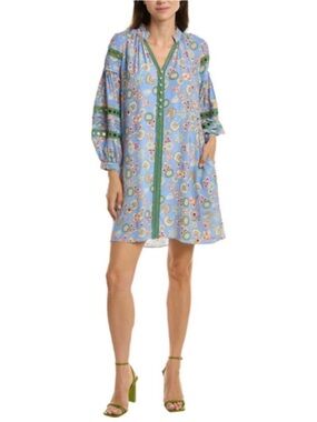 Diane Von Furstenberg Blue Floral V-Neck Dress with Green Trim